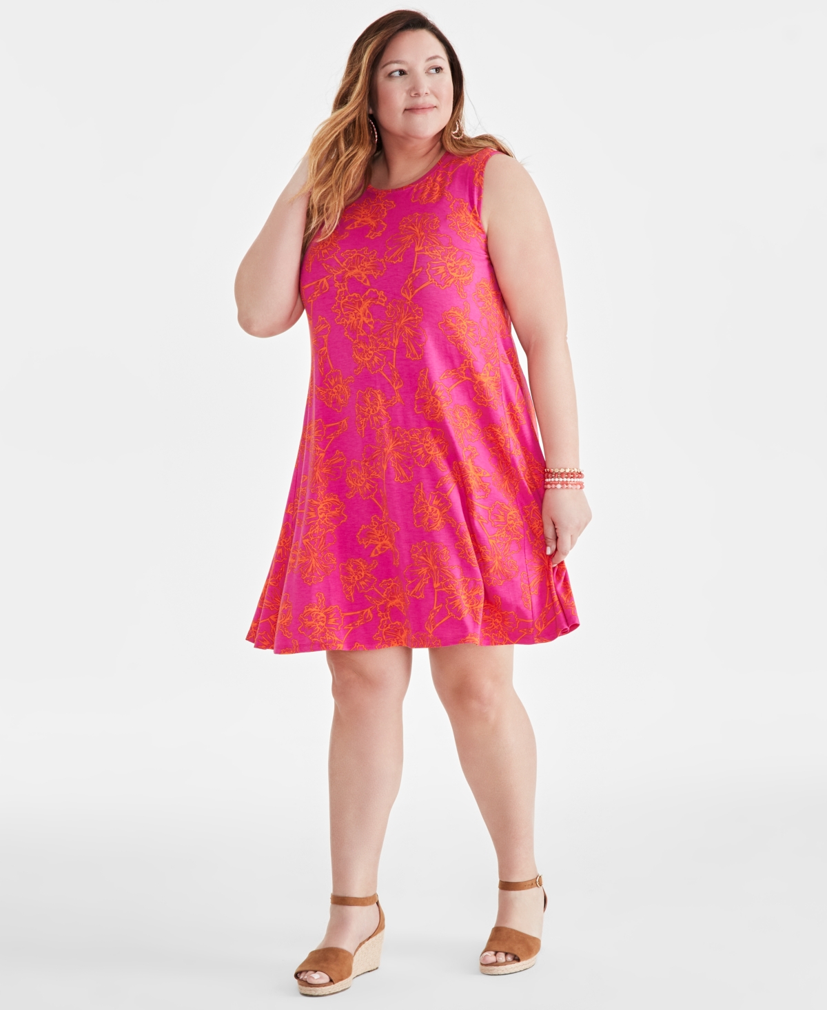 Shop Style & Co Plus Size Printed Sleeveless Flip Flop Dress, Created For Macy's In Iris Fuchsia