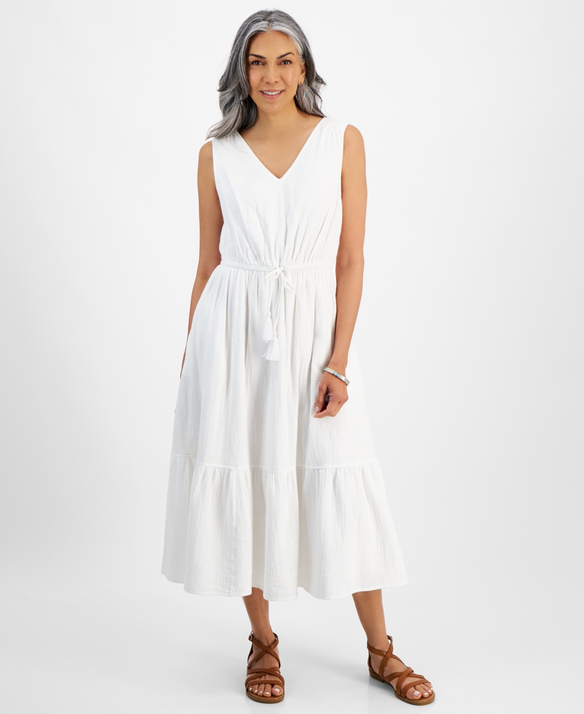 Petite Drawstring-Waist Sleeveless Midi Dress, Created for Macy's - Bright White