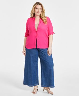 On 34th - Trendy Plus Size Foliage-Print Silky Polished Shirt
