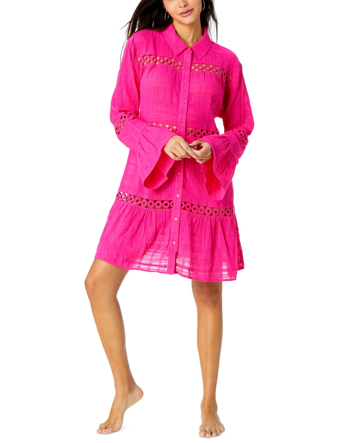 Shop Anne Cole Women's Cotton Bell-sleeve Cover-up Tunic In Raspberry Pink