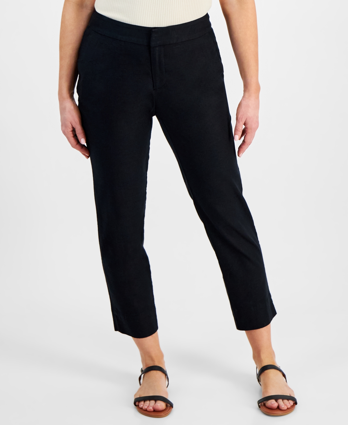 Style & Co Petite Mid Rise Linen-blend Ankle Pants, Created For Macy's In Deep Black
