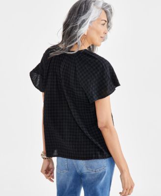 Women's Seersucker Split-Neck Flutter Sleeve Top, Created for Macy's