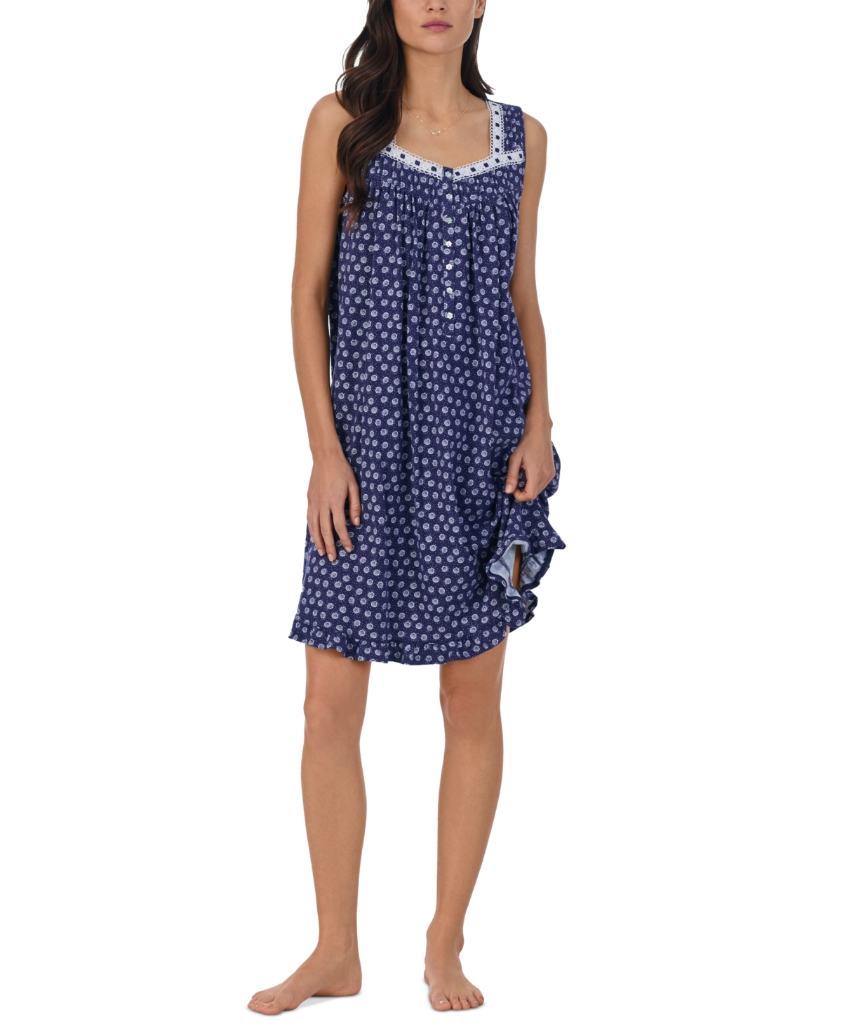 Shop Eileen West Women's Sleeveless Lace-trim Nightgown In Navy Print