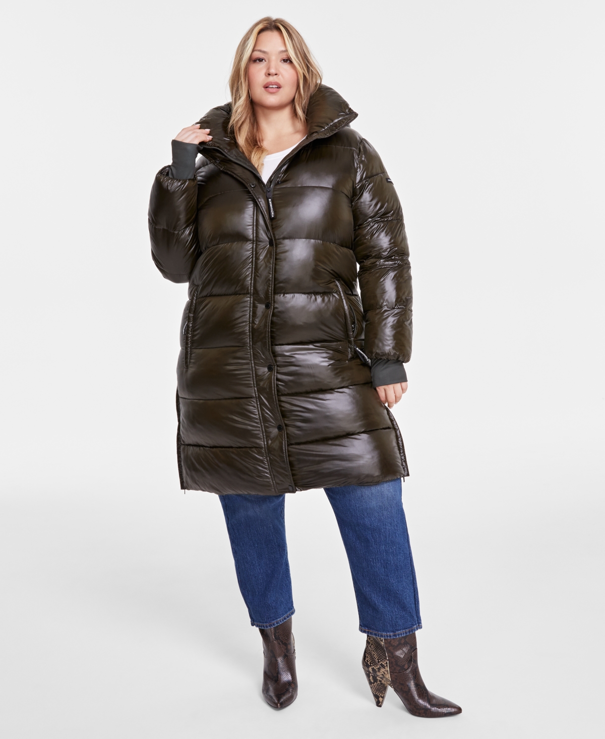 Plus Size Hooded Pillow-Collar Puffer Coat - Shiny Dark Olive