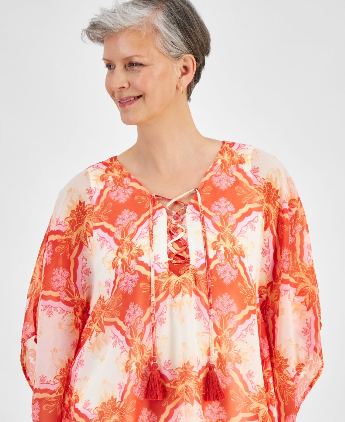 Jm Collection Petite Lacey Lush Lace-Up Chiffon Poncho Top, Created for Macy's