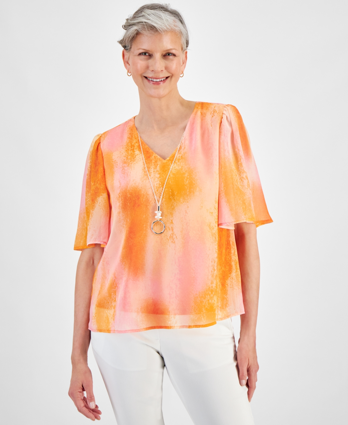 Women's Printed Elbow-Sleeve Necklace Top, Created for Macy's - Cheerful Tangerine Combo