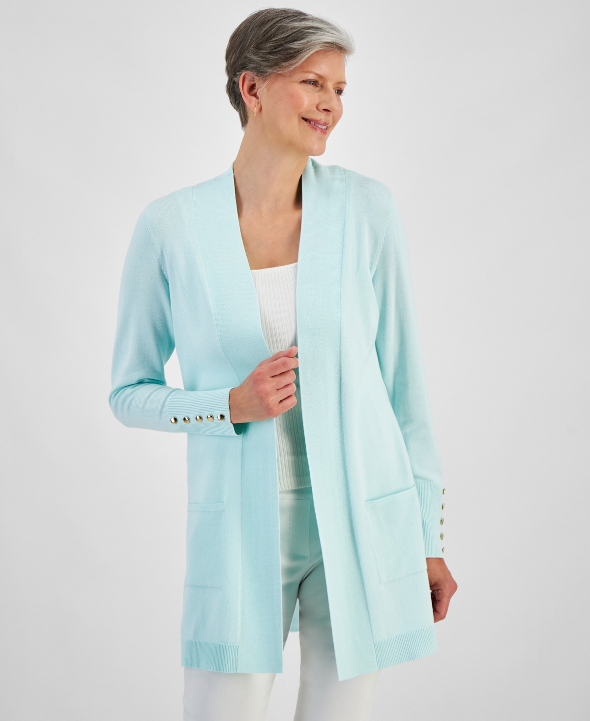 Shop Jm Collection Women's Button-sleeve Flyaway Cardigan, Created For Macy's In Mystic Aqua