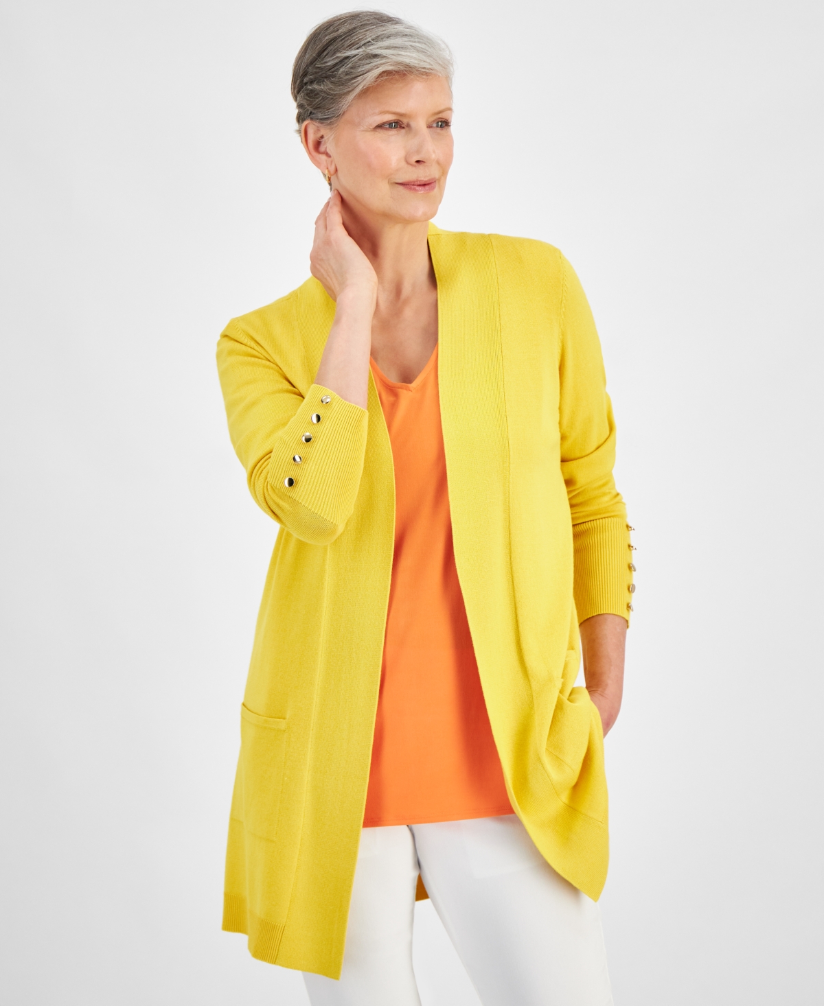 Shop Jm Collection Women's Button-sleeve Flyaway Cardigan, Created For Macy's In Lemon Wedge