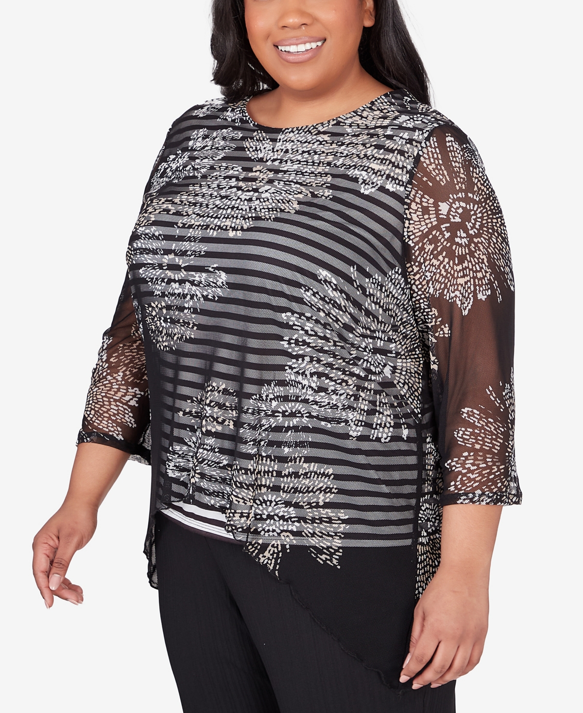 Alfred Dunner Plus Size Opposites Attract Floral Mesh Stripe Top