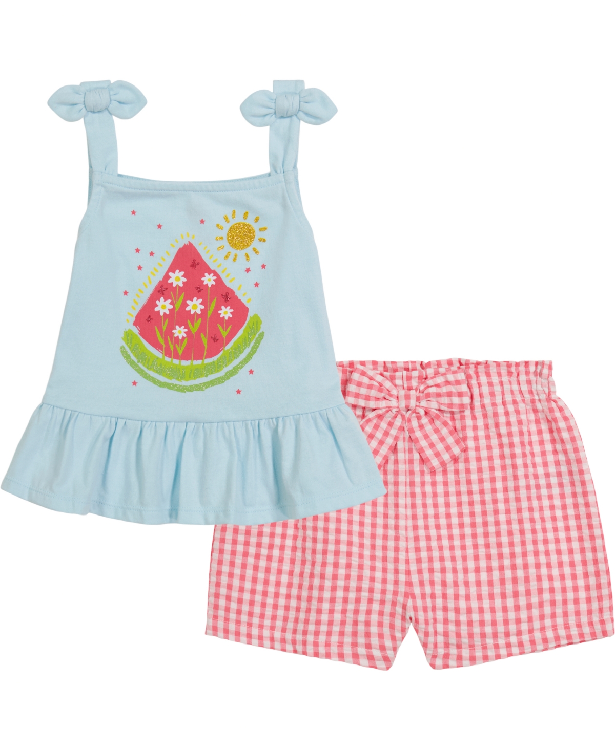 Shop Kids Headquarters Baby Girls Flounce-hem Tank Top And Checkered French Terry Shorts In Blue,watermelon