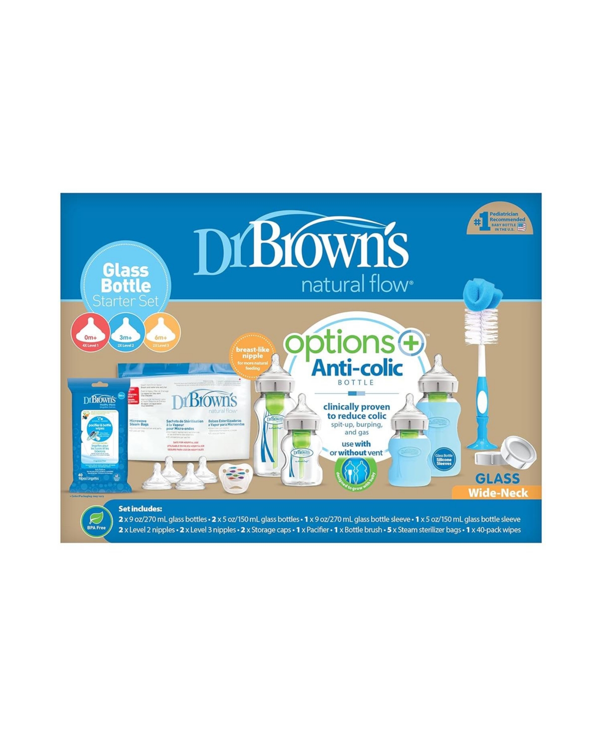 Dr. Browns Dr. Brown's Piece Options + Wide-Neck Glass Baby Bottle Starter Set