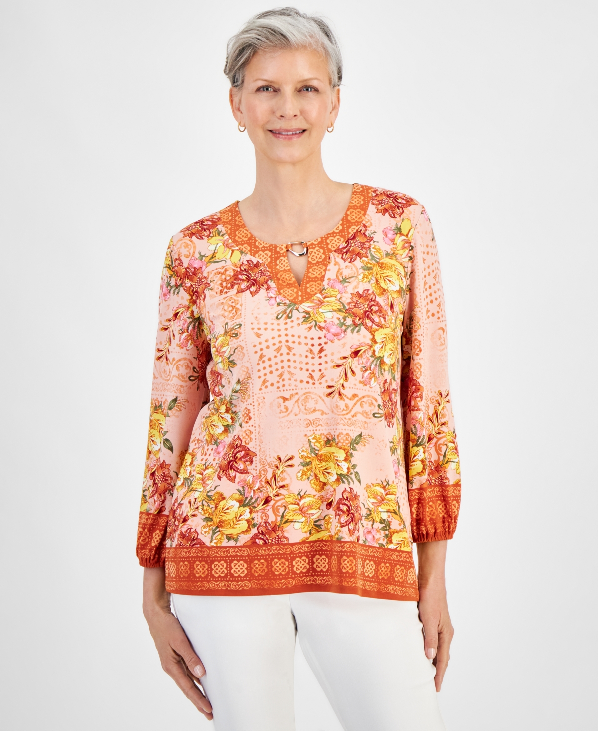 Women's Printed Long Sleeve Hardware-Trim Keyhole Top, Created for Macy's - Rose Cloud Combo