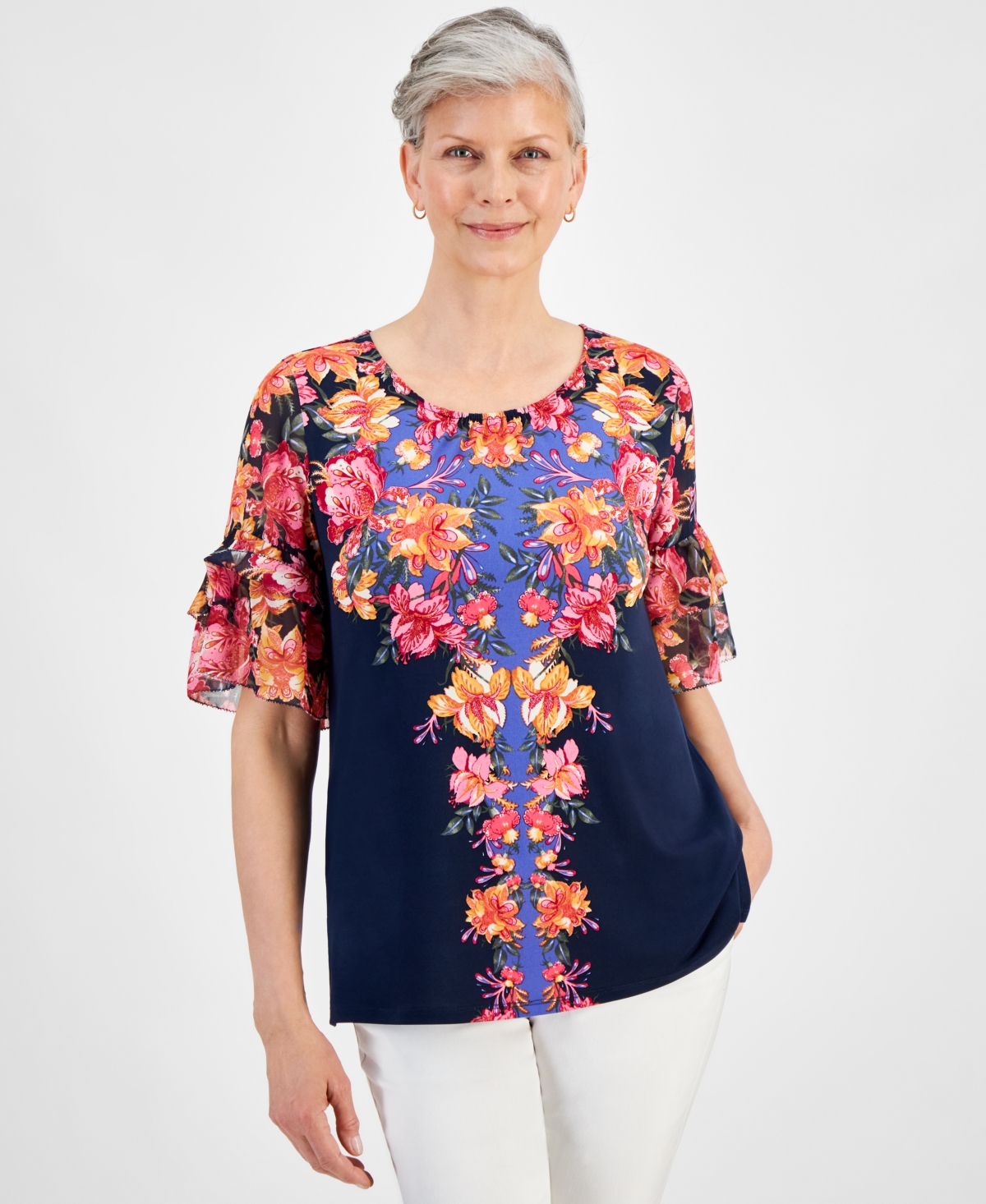 Women's Short-Sleeve Printed Ruffled-Cuff Top, Created for Macy's - Lemon Wedge Combo