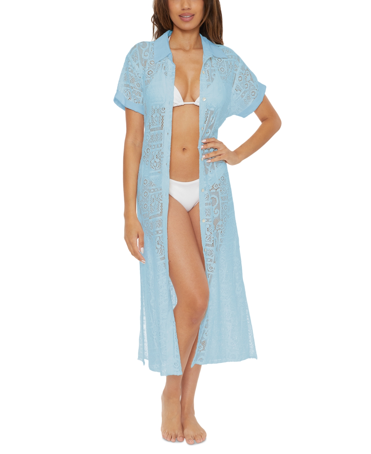 Shop Becca Women's Gauzy Cotton Lace Shirtdress Swim Cover-up In Ice Blue