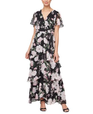 SL Fashions Women's Printed Tie-Waist Chiffon Maxi Dress - Macy's