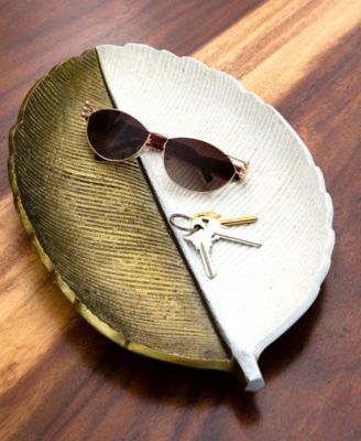 14in. Gold and White Leaf Decorative Accent Tray