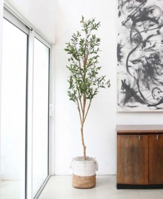 7ft. Artificial Olive Tree with Natural Trunk and Handmade Jute Basket
