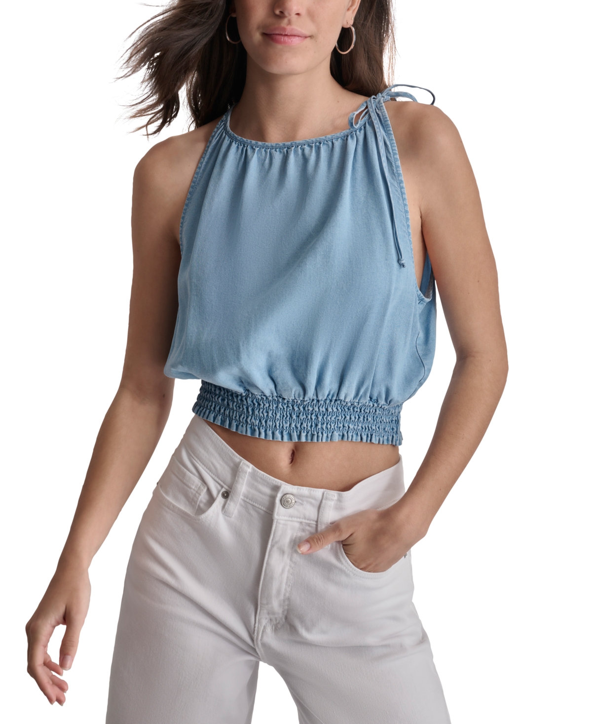 DKNY JEANS WOMEN'S SMOCKED-WAIST SLEEVELESS CROP TOP 