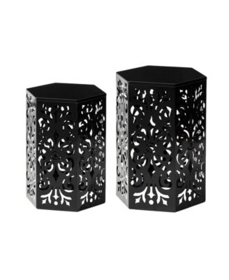 Multi-Functional Set of 2 Black Iron Cutout Floral  Garden Stools or Planter Stand