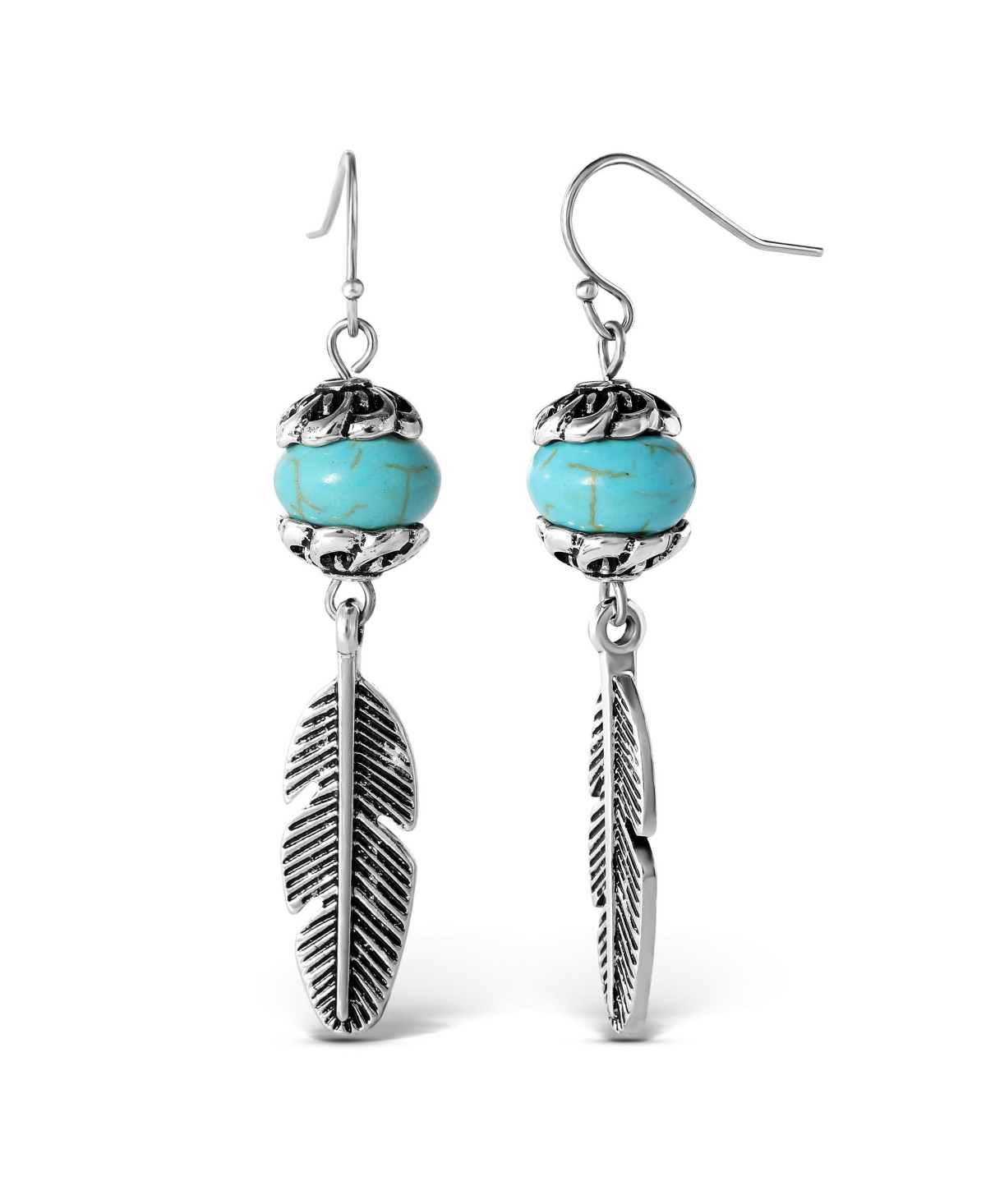 Womens Turquoise Bead Feather Drop Earrings - Oxidized Gold-Tone or Silver-Tone Turquoise Earrings - Silver