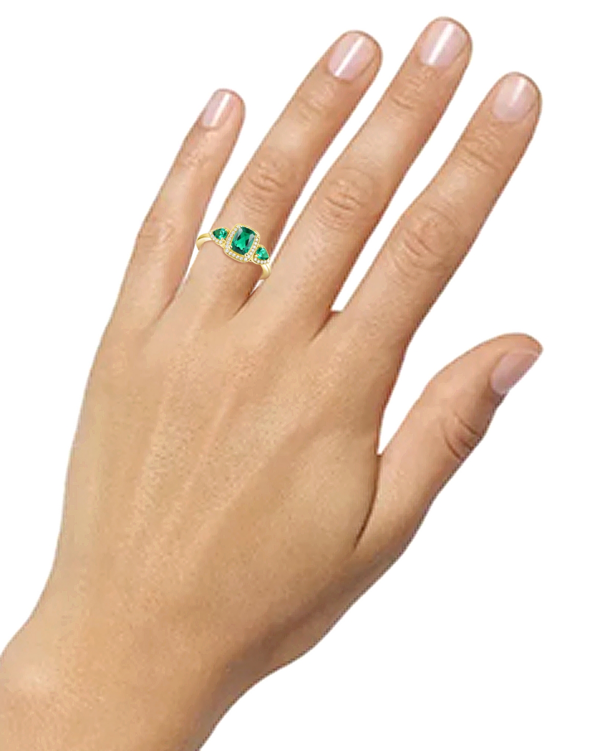 Shop Macy's Emerald (7/8 Ct. T.w.) & Lab-grown White Sapphire (1/6 Ct. T.w.) Three Stone Halo Ring In 14k Gold-p