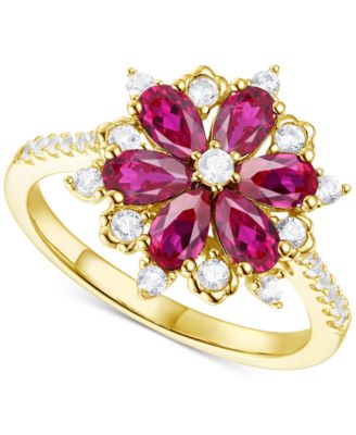 Macy's - Lab-Grown Emerald (7/8 ct. t.w.) & Lab-Grown White Sapphire (1/8 ct. t.w.) Flower Ring in 14k Gold-Plated Sterling Silver (Also in Additional Gemstones)