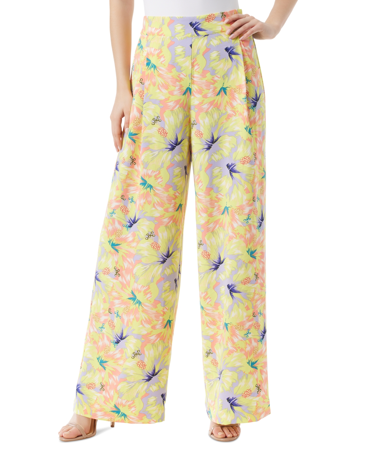 Winnie Floral-Print Pull-On Wide-Leg Pants - Apricot Hibiscus
