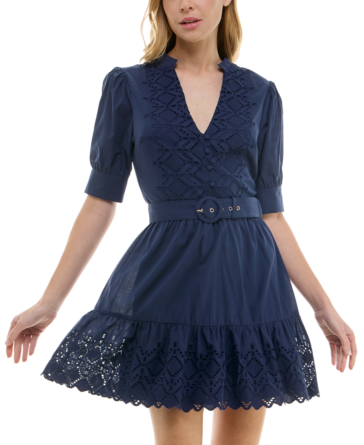 Juniors' Embroidered Belted Puff-Sleeve Dress - Navy