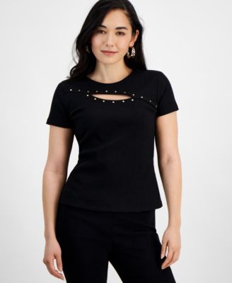 International Concepts Petite Ribbed Cutout Studded Top