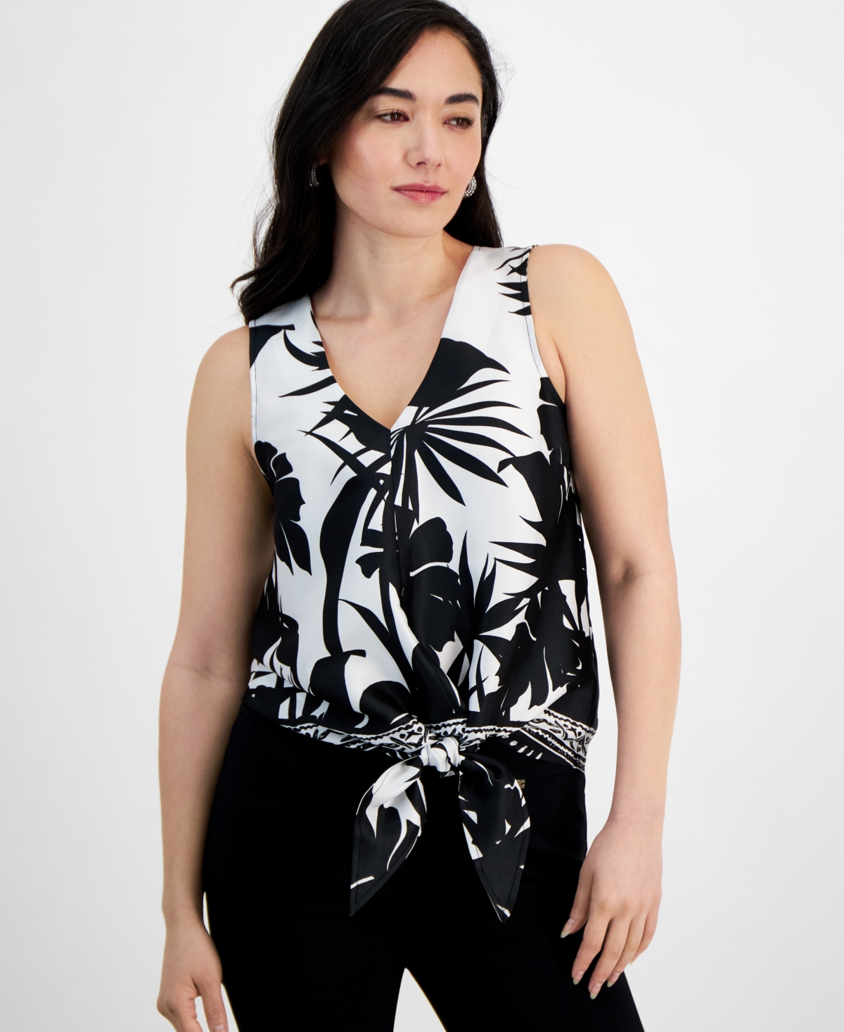 Petite Floral-Print Tie-Hem Top, Created for Macy's - Palm Garde