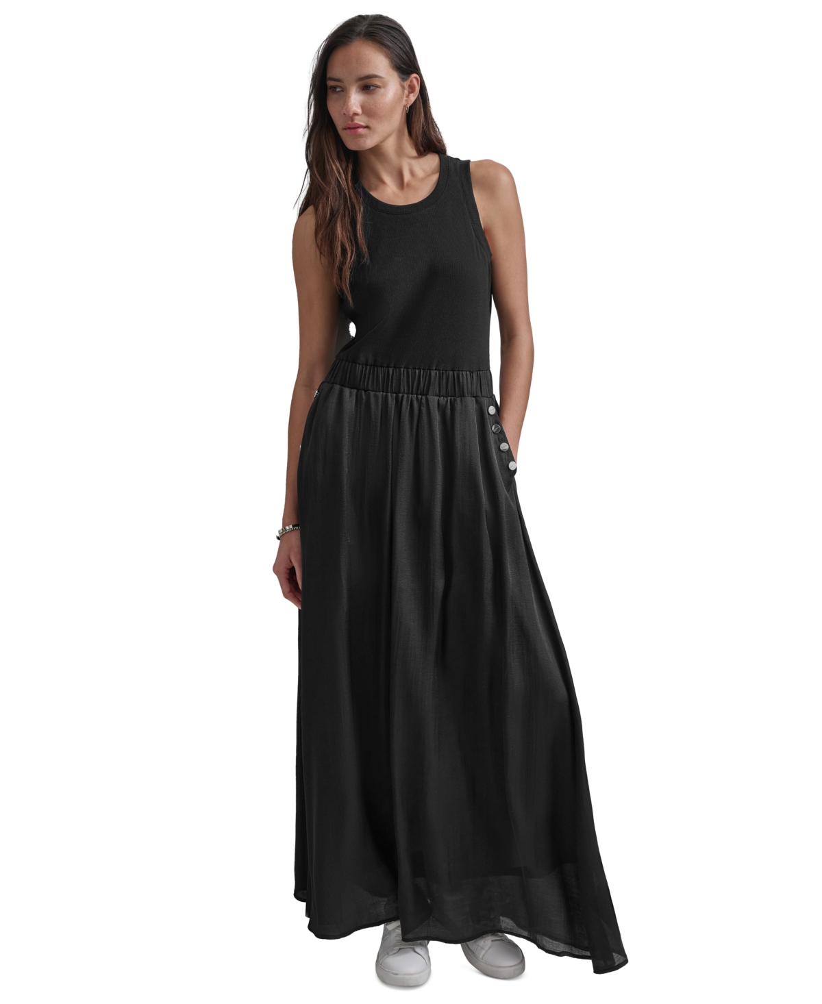 Shop Dkny Women's Mixed-media Sleeveless Maxi Dress In Black