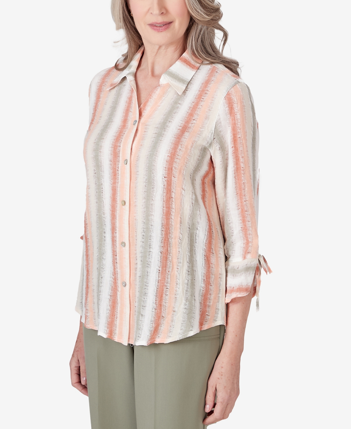 Shop Alfred Dunner Women's Tuscan Sunset Striped Textured Button Down Top In Multi