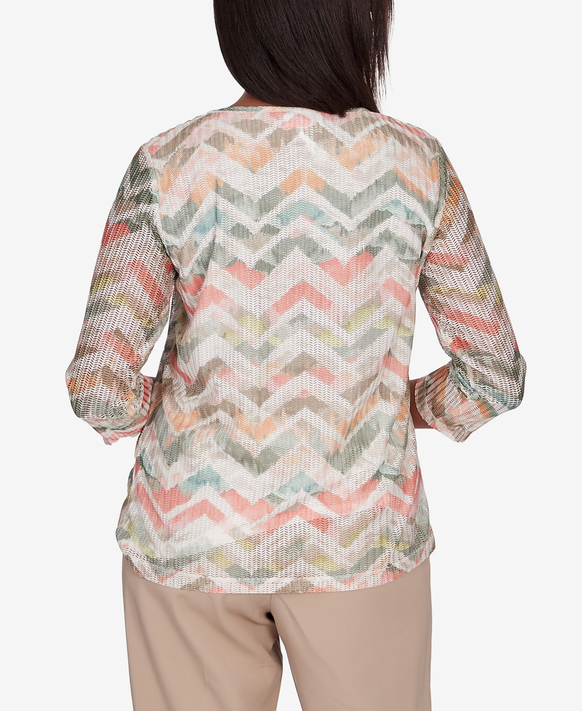 Shop Alfred Dunner Women's Tuscan Sunset Textured Chevron Twisted Detail Crew Neck Top In Multi