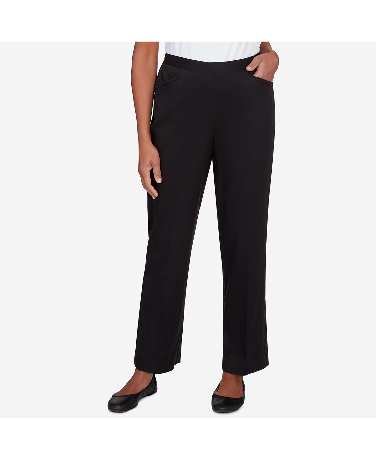 Alfred Dunner Women's Opposites Attract Short Length Elastic Waistband Sateen Pants In Black