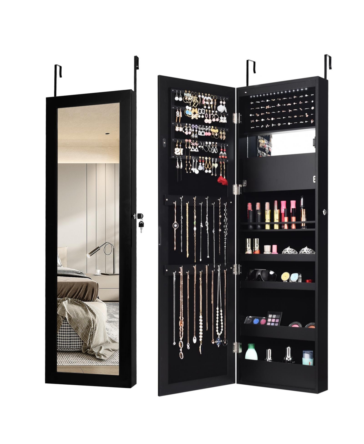 Lockable Wall Door Mounted Mirror Jewelry Cabinet with Led Lights - Black