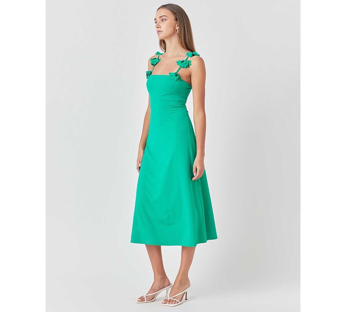 Shop Endless Rose Women's Rosette-strap Square-neck Midi Dress In Kelly Green