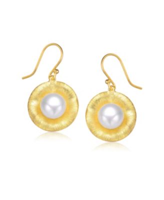 Sterling Silver 14K Gold Plated with Genuine Freshwater Round Pearl Hook Earrings