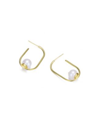 Stylish Sterling Silver 14K Gold Plating and Genuine Freshwater Pearl Square Hoop Earrings