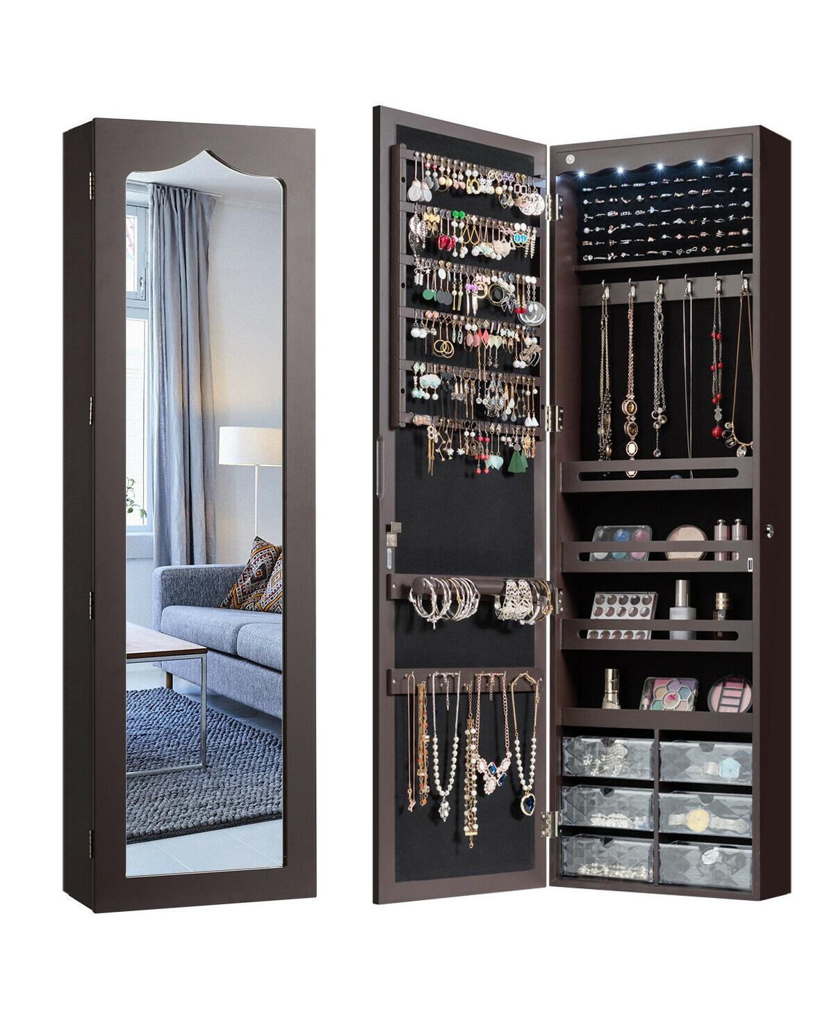 Door Hanging Mirror Jewelry Armoire with Full Length Mirror and 6 Drawers - Dark Brown