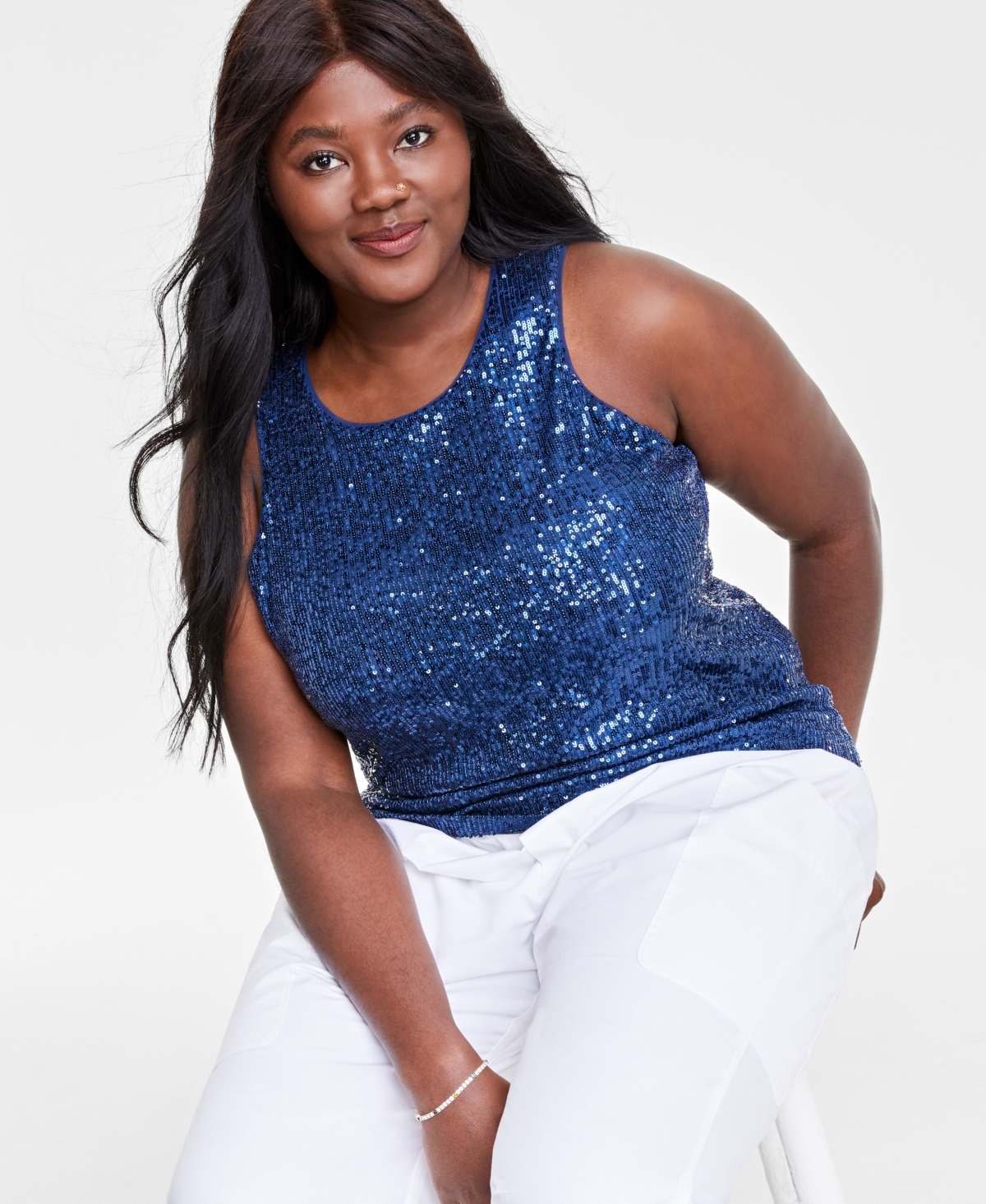 Shop Macy's On 34th Trendy Plus Size Sequined Tank Top, Created For  In Intrepid Blue