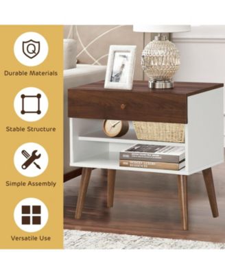 Mid-Century Nightstand with Drawer and Rubber Wood Legs