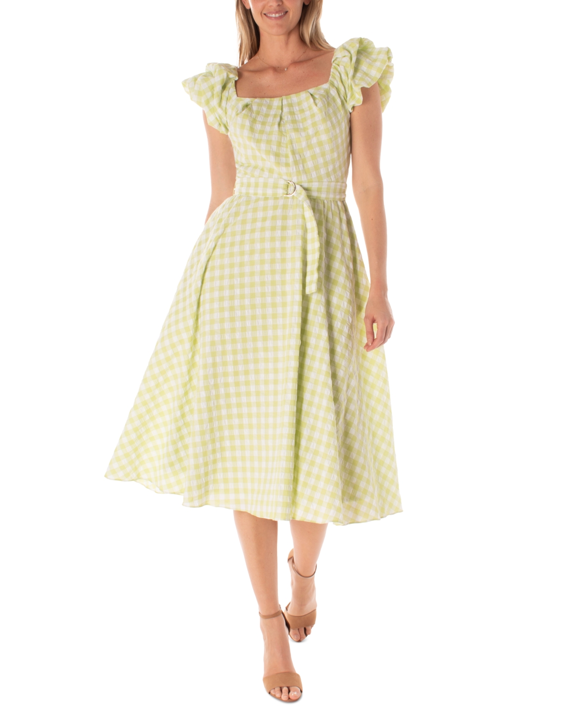 Women's Gingham Belted Fit & Flare Dress - Lime/Ivory