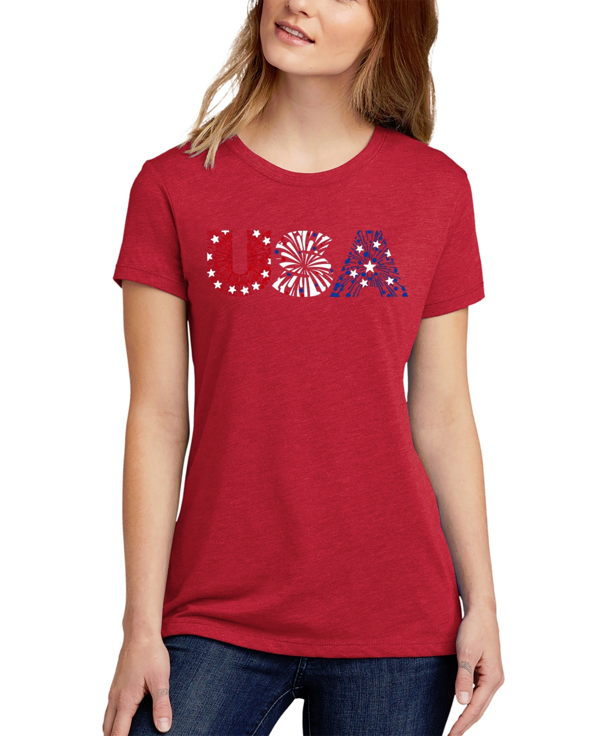 LA POP ART WOMEN'S PREMIUM BLEND WORD ART USA FIREWORKS T-SHIRT 