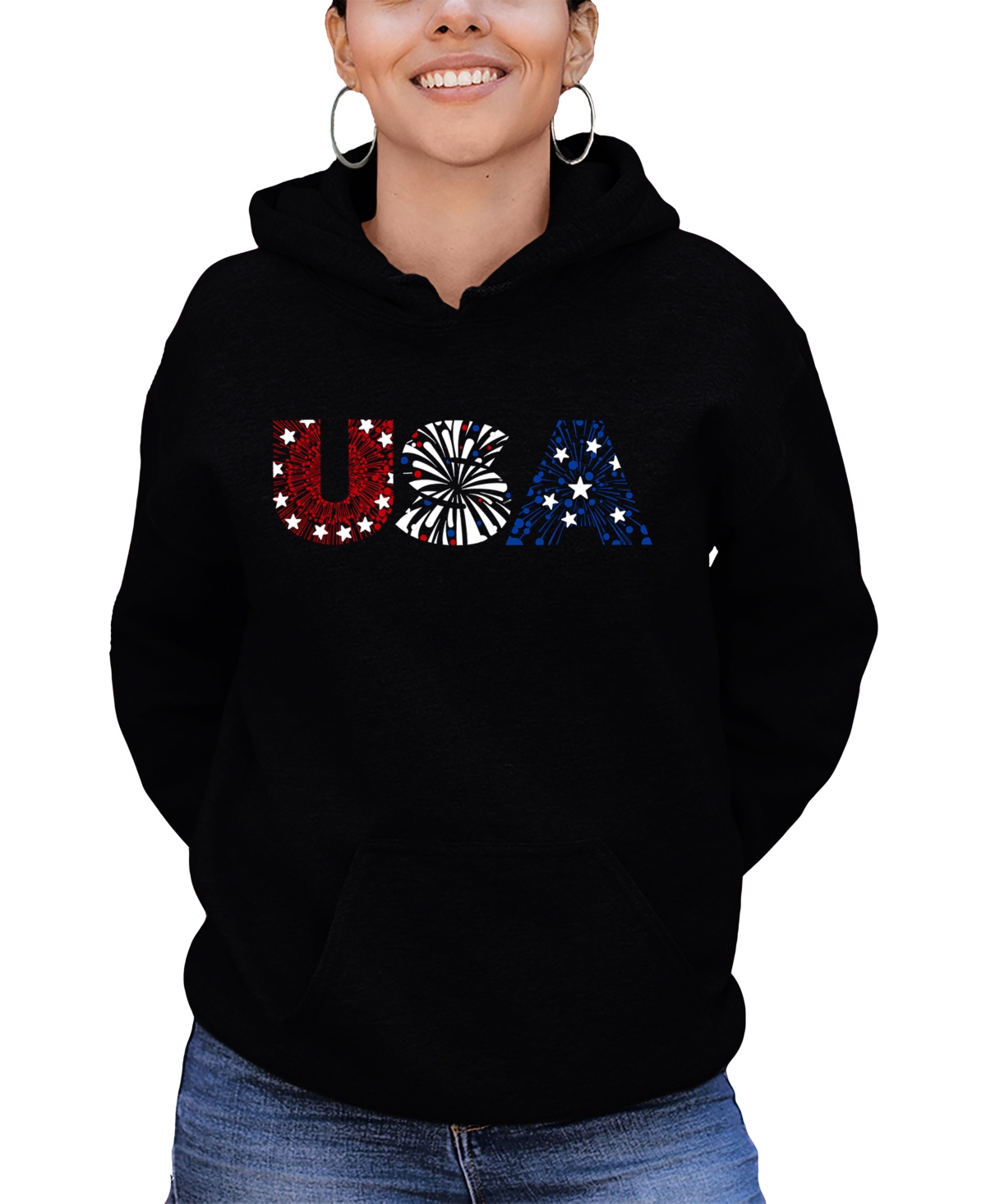 LA POP ART WOMEN'S WORD ART USA FIREWORKS HOODED SWEATSHIRT 