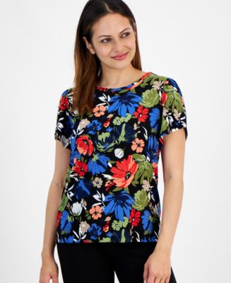 AK Anne Klein Petite Floral Print Crewneck Tulip-Sleeve Top - Macy's