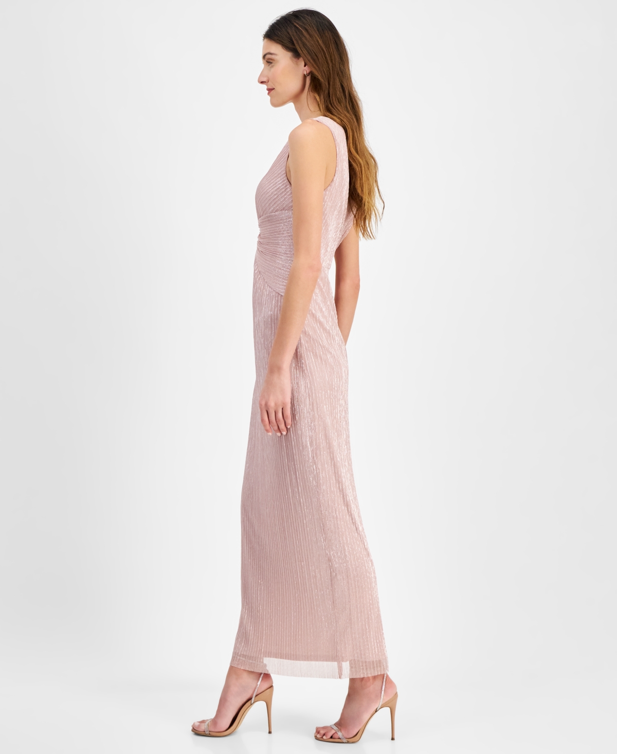 Shop Connected Petite Metallic V-neck Twist-front Gown In Blush Pink