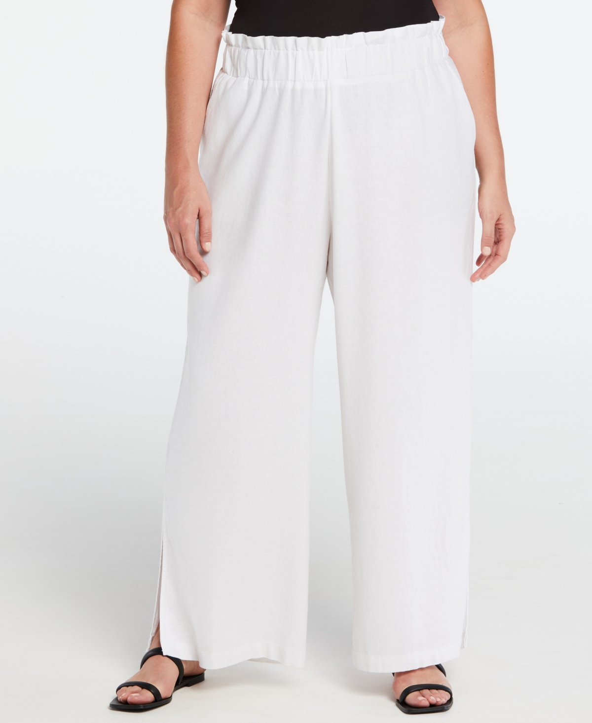 Plus Size Linen Blend Pull-On Wide Leg Pant with Side Slit - White