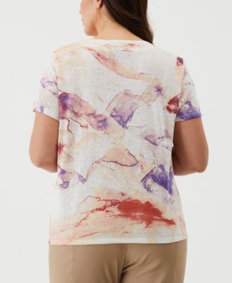 Plus Size Eco Watercolor Print Lace-Up Short Sleeve Tee Shirt