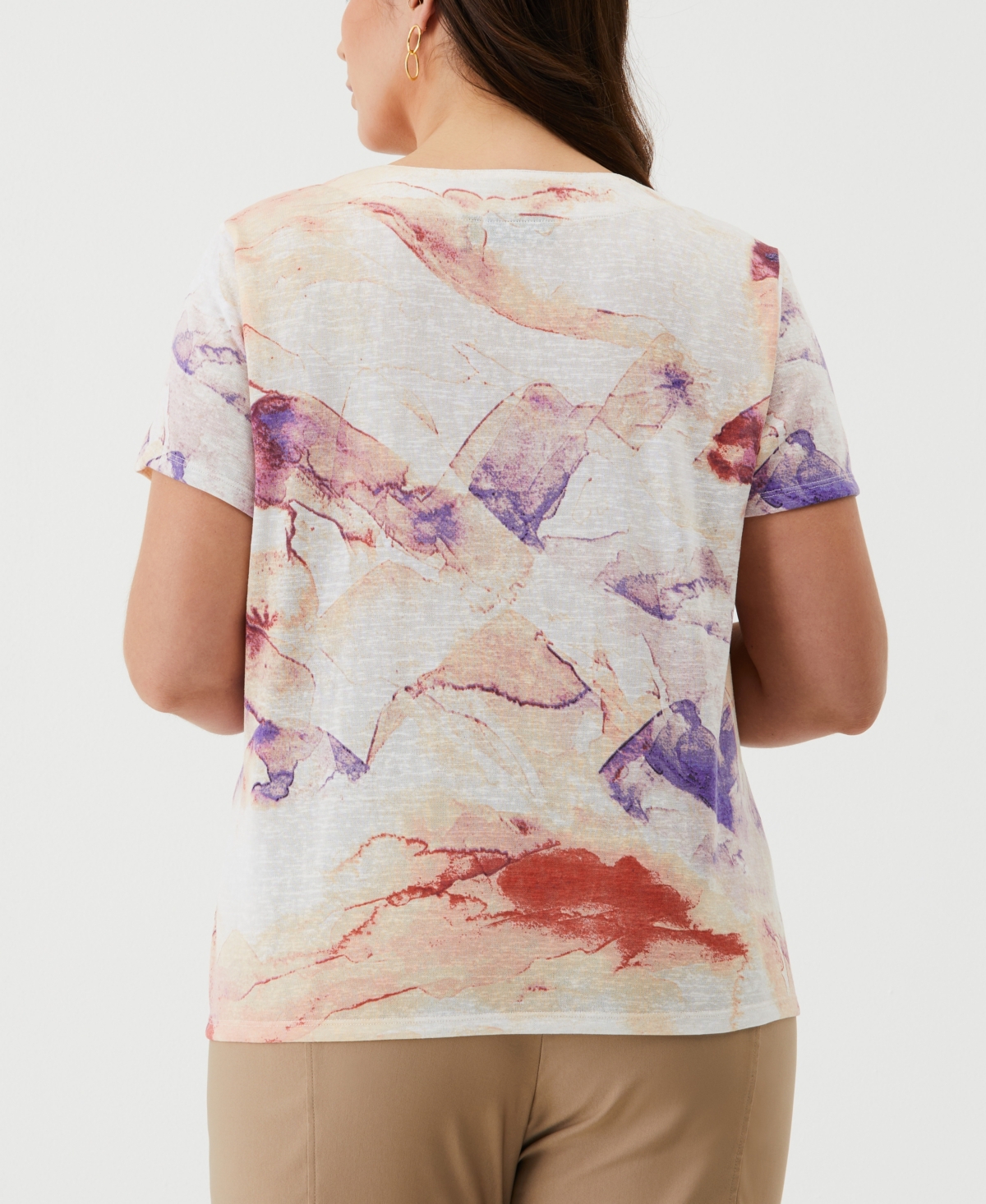 Shop Ella Rafaella Plus Size Eco Watercolor Print Lace-up Short Sleeve Tee Shirt In Honey Peach