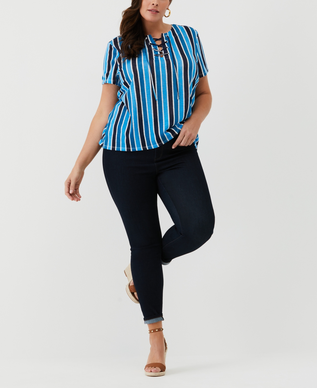 Shop Ella Rafaella Plus Size Eco Stripe Lace-up Short Sleeve Tee Shirt In Malibu Blue